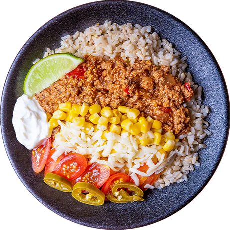 #03 - Turkey Taco Bowl with brown rice, corn, and mozzarella cheese (GF ...